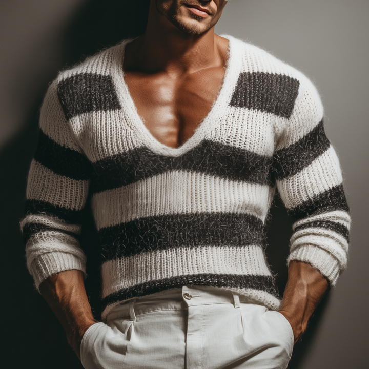 Pánský Casual Svetr s Hlubokým Výstřihem do V a Kontrastními Pásky Slim Fit s Dlouhým Rukávem MTA3152G3M