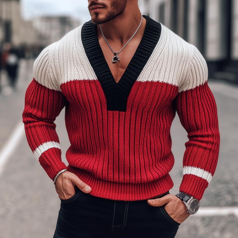 Pánský Stylový Svetr Pullover s Kontrastními Barvami, Prodyšný, Pletený, Slim Fit MTA2838H0M