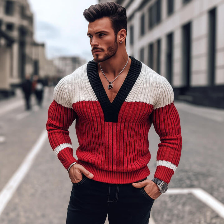 Pánský Stylový Svetr Pullover s Kontrastními Barvami, Prodyšný, Pletený, Slim Fit MTA2838H0M