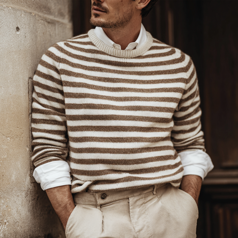 Pánský svetr s pruhy a kulatým výstřihem a dlouhým rukávem MTA2026H7Z