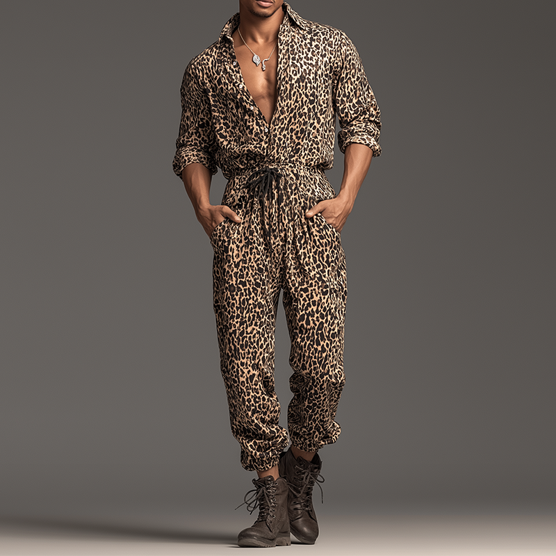 Pánský Retro Casual Kombinéza s Leopardím Vzorem a Límcem a Dlouhým Rukávem MTA0421H8TO