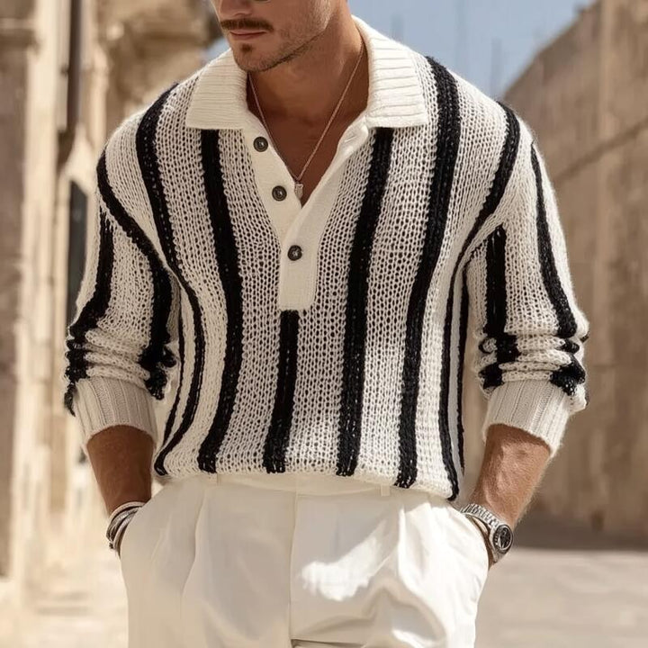 Pánský vintage svetr s kontrastními pruhy, prodyšný, s polo, volný, MTA2831H1M