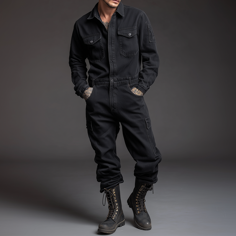 Pánský retro casual bavlněný praný overal s límečkem a dlouhým rukávem MTA0472H9TO