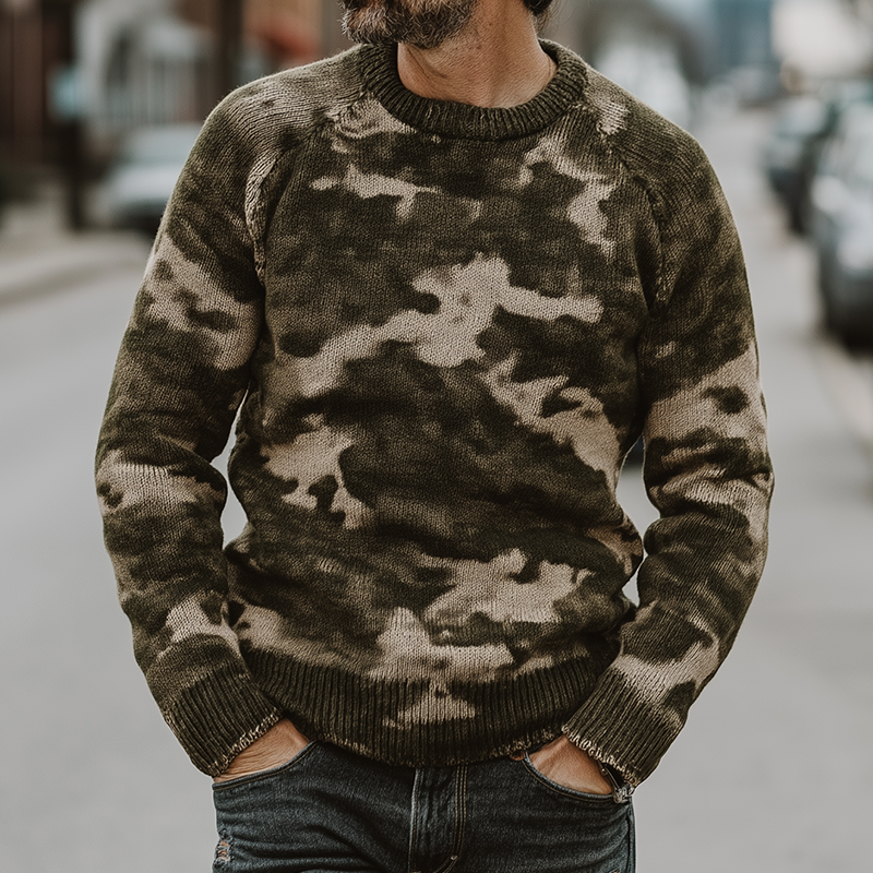 Pánský Retro Casual Svetr v Kamufláži s Kulatým Výstřihem MTA2169H0TO