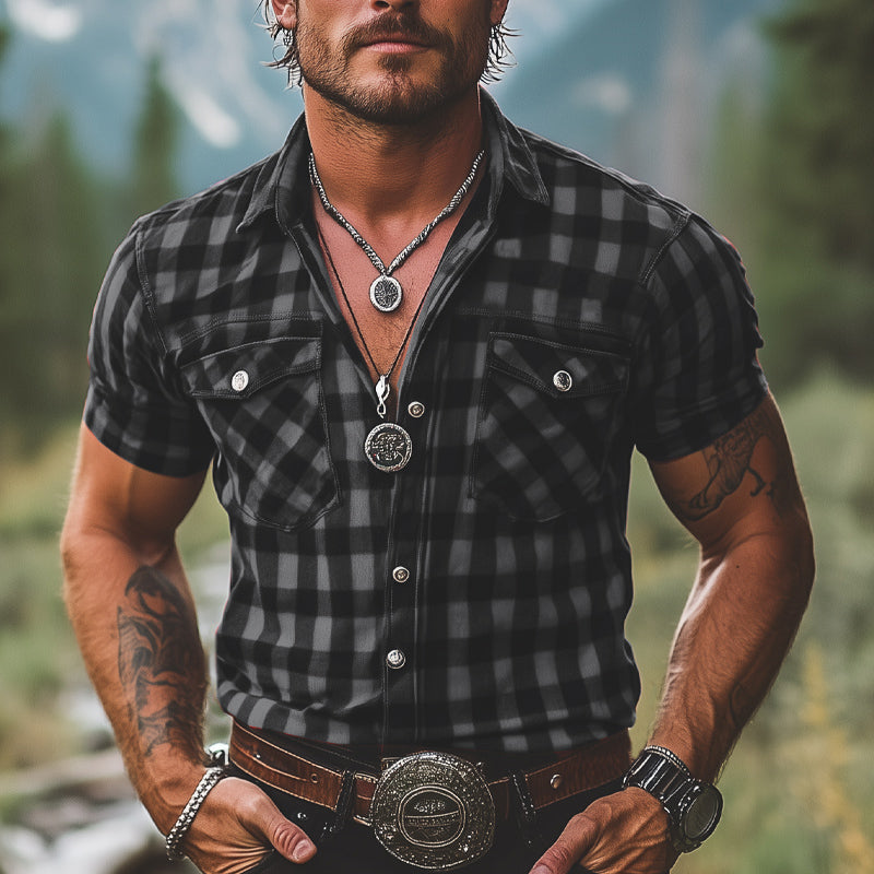 Pánská letní retro košile s kostkovaným vzorem v červeno-černé barvě s knoflíky a krátkým rukávem MTA2678E3U