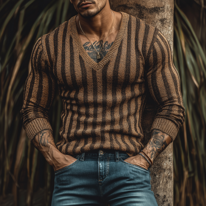 Pánský Vintage Kontrastní Svetr s Vertikálními Pásky ve Výstřihu Slim Fit MTA1877H4M