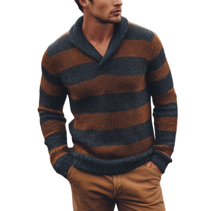 Pánský klasický casual svetr s výstřihem do V v kontrastních pruzích, slim-fit MTA3077H8K