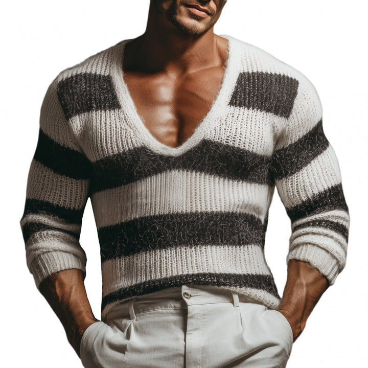 Pánský Casual Svetr s Hlubokým Výstřihem do V a Kontrastními Pásky Slim Fit s Dlouhým Rukávem MTA3152G3M