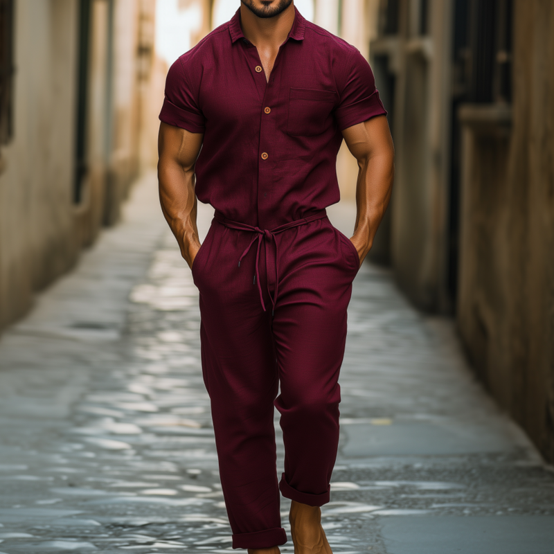 Pánský Casual Prodyšný Bavlněno-Lněný Kombinéza s Límcem a Kapsami na Krátkých Rukávech MTA1395F0M