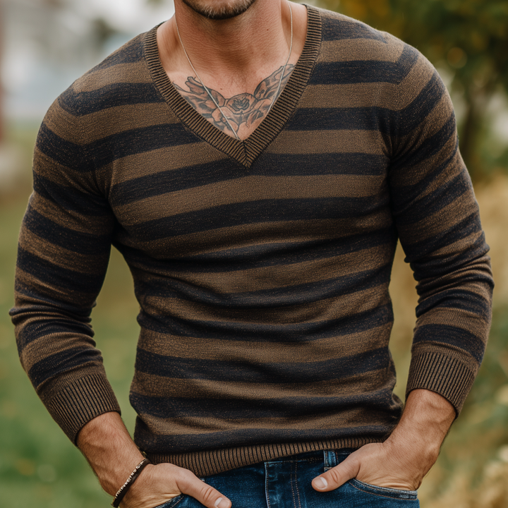 Pánský vintage svetr s výstřihem do V a kontrastními pruhy MTA1813H3M