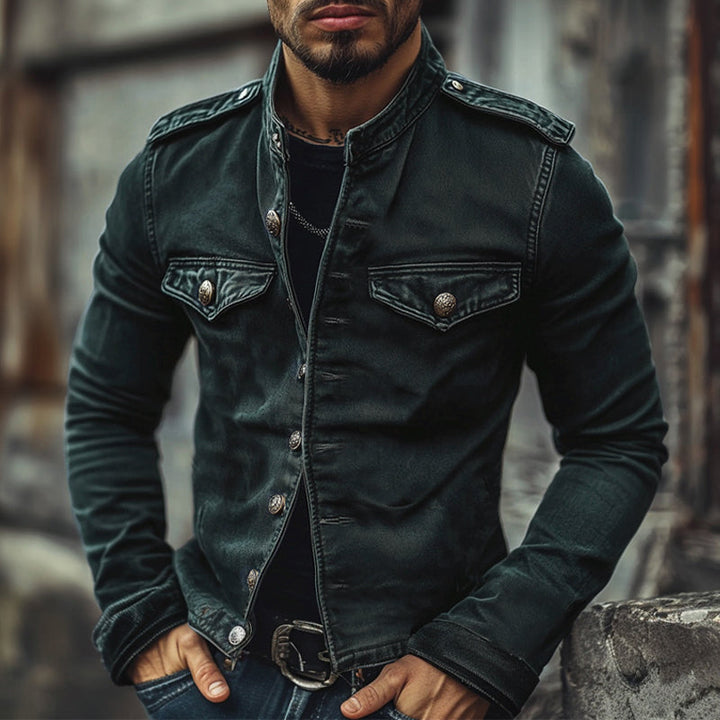 Pánská Vintage Džínová Bunda s Stojacím Límcem 75697045X