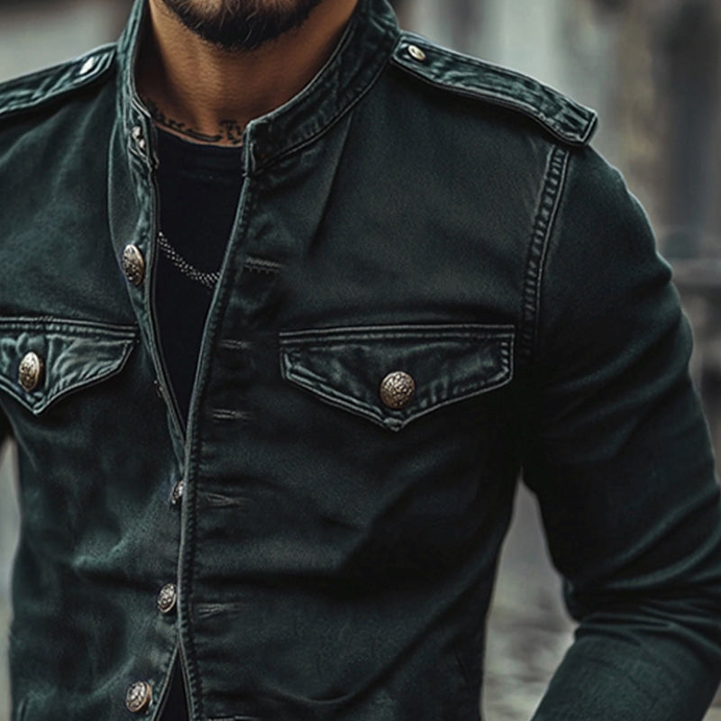 Pánská Vintage Džínová Bunda s Stojacím Límcem 75697045X