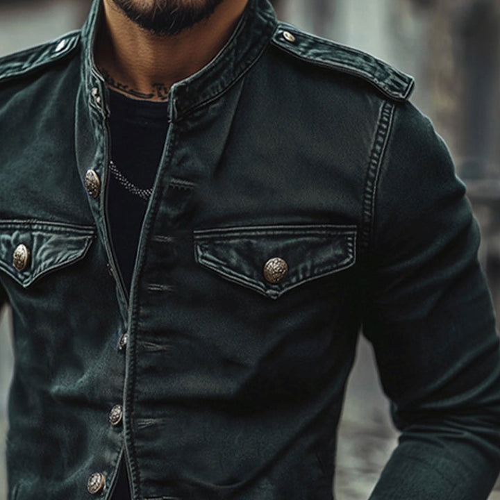 Pánská Vintage Džínová Bunda s Stojacím Límcem 75697045X