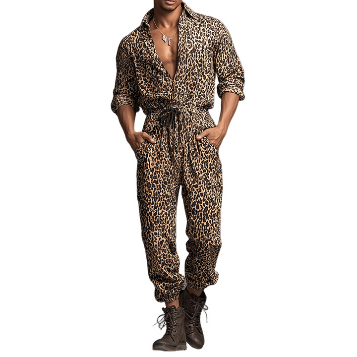 Pánský Retro Casual Kombinéza s Leopardím Vzorem a Límcem a Dlouhým Rukávem MTA0421H8TO