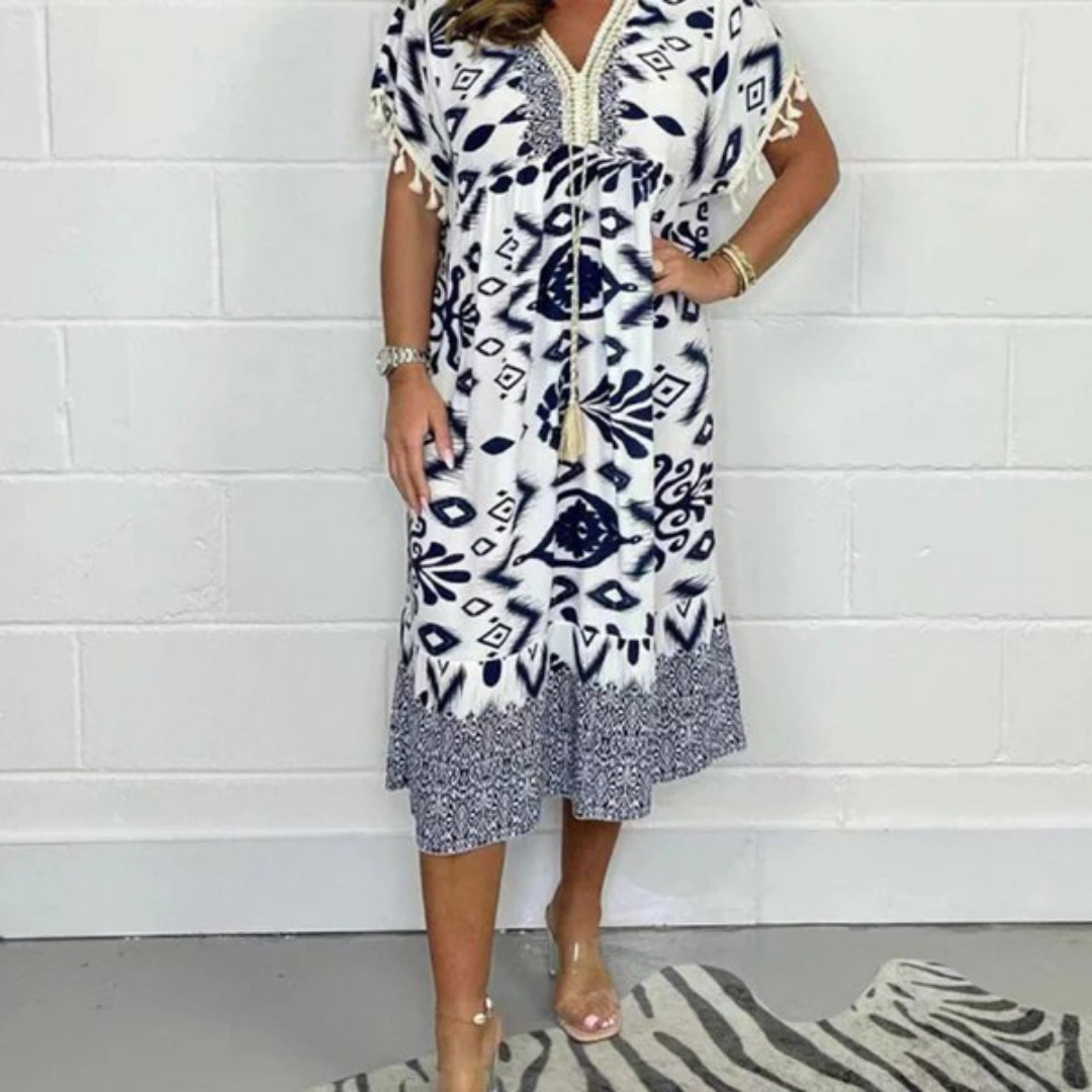 Nadia | Letní šaty s výstřihem do V a třásněmi na krátkých rukávech