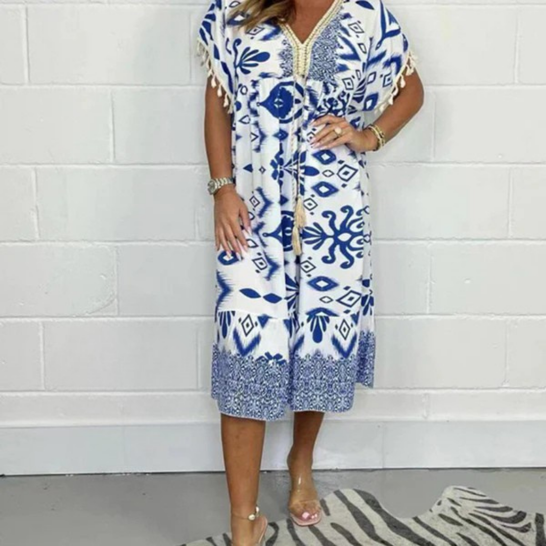 Nadia | Letní šaty s výstřihem do V a třásněmi na krátkých rukávech