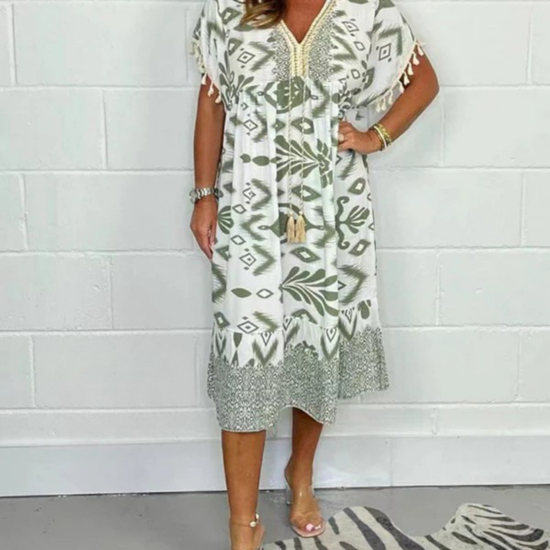 Nadia | Letní šaty s výstřihem do V a třásněmi na krátkých rukávech