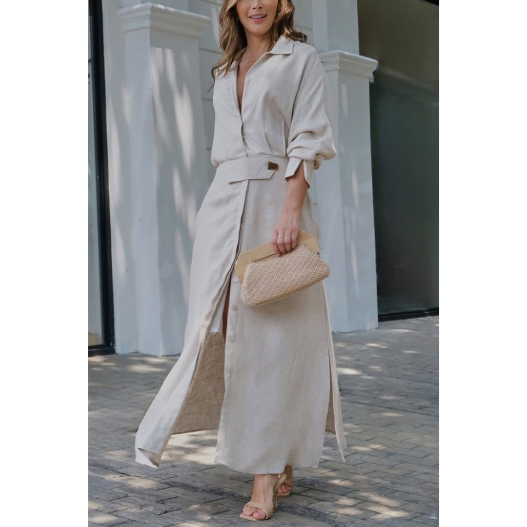 Barbara | Maxi šaty z bavlny a lnu s knoflíky a páskem v pase