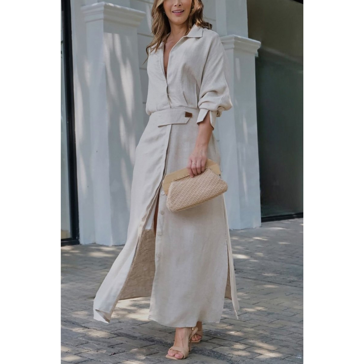 Barbara | Maxi šaty z bavlny a lnu s knoflíky a páskem v pase