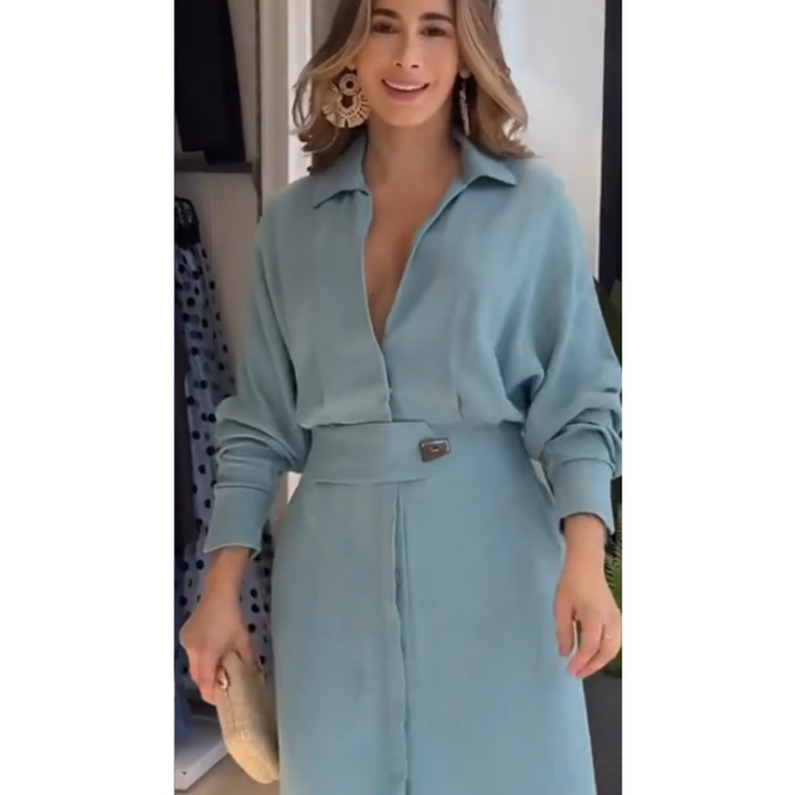 Barbara | Maxi šaty z bavlny a lnu s knoflíky a páskem v pase