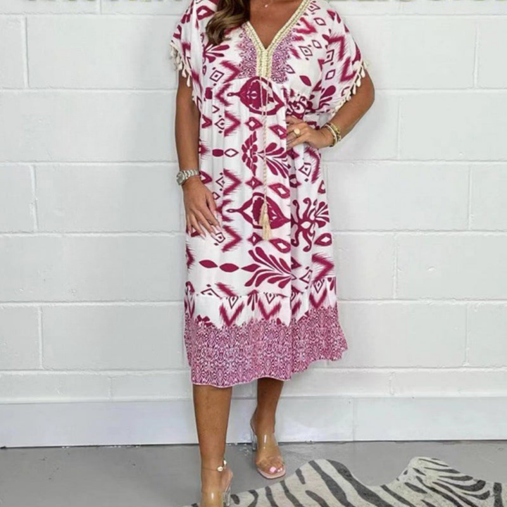 Nadia | Letní šaty s výstřihem do V a třásněmi na krátkých rukávech