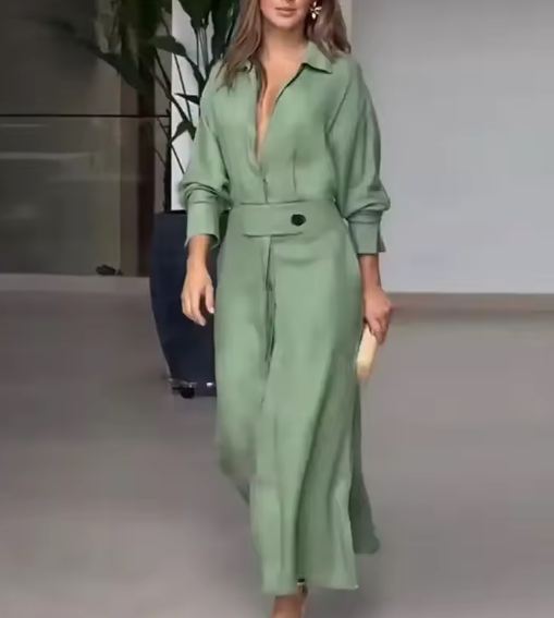 Barbara | Maxi šaty z bavlny a lnu s knoflíky a páskem v pase