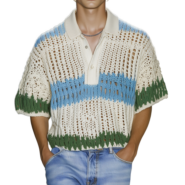 Pánská casual polo tričko s kontrastním pruhem, volné, krátký rukáv, MTA1038F9M