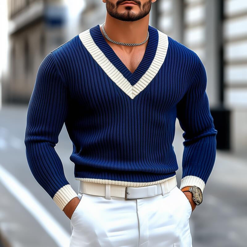 Pánský Vintage Kontrastní Svetr s V-výstřihem, Slim Fit, Dlouhý Rukáv MTA2709H9M