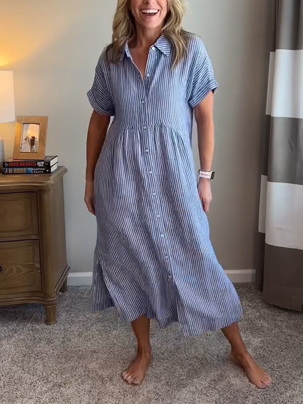 Malina | Pásková košilová šaty s klopami a knoflíky s funkčními kapsami