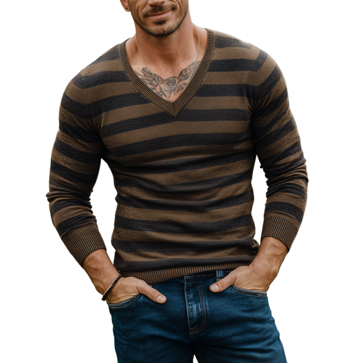 Pánský vintage svetr s výstřihem do V a kontrastními pruhy MTA1813H3M
