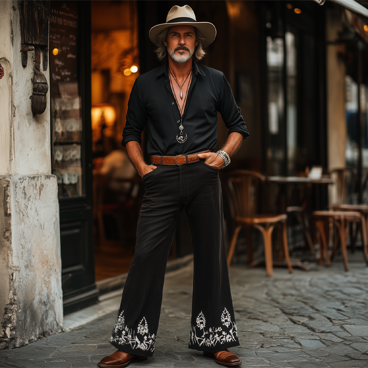 Pánské Kalhoty v Stylu Western Cowboy Vintage Stříbrné Vyšívané s Rozšířenou Nohavicí MTA1324F7U