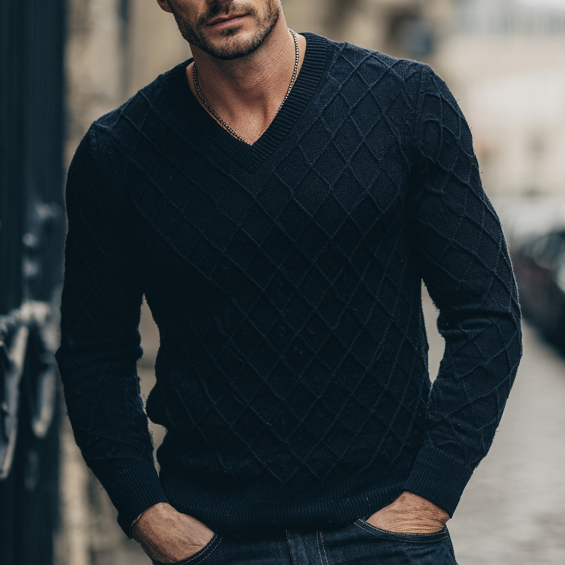 Pánský svetr s výstřihem do V v jednobarevném provedení s texturou v rombách MTA1351H3X