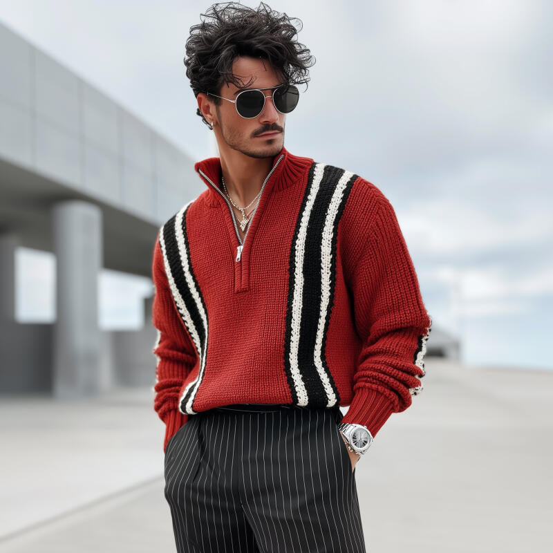 Pánský Vintage Kontrastní Svetr z Prodyšné Pleteniny se Zapínáním na Zip a Stojacím Límcem MTA2841H3M