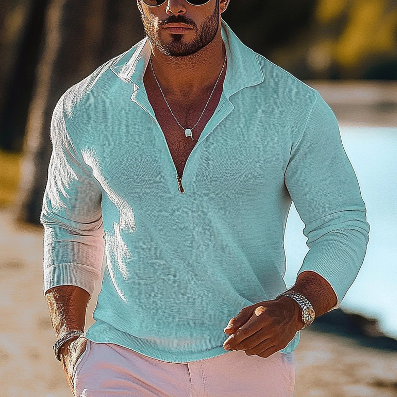 Pánský Pletený Svetr v Jednoduché Barvě s Volným Střihem a Zipem MTA2409G2X