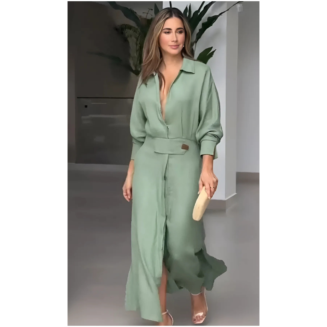 Barbara | Maxi šaty z bavlny a lnu s knoflíky a páskem v pase