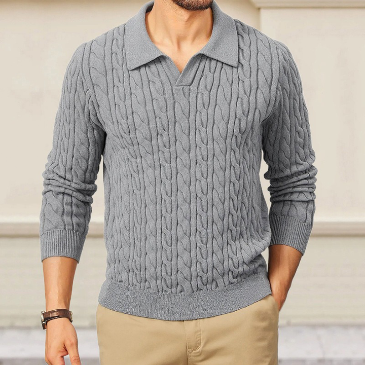 Pánský polo svetr s výstřihem, slim fit, v jednobarevném provedení, s pletenou texturou MTA1373H6X