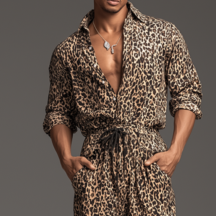 Pánský Retro Casual Kombinéza s Leopardím Vzorem a Límcem a Dlouhým Rukávem MTA0421H8TO