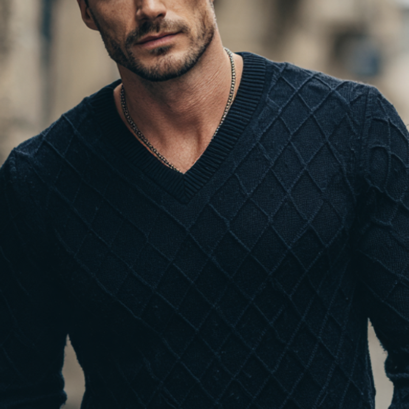 Pánský svetr s výstřihem do V v jednobarevném provedení s texturou v rombách MTA1351H3X