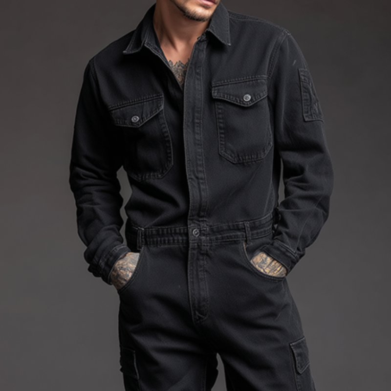 Pánský retro casual bavlněný praný overal s límečkem a dlouhým rukávem MTA0472H9TO