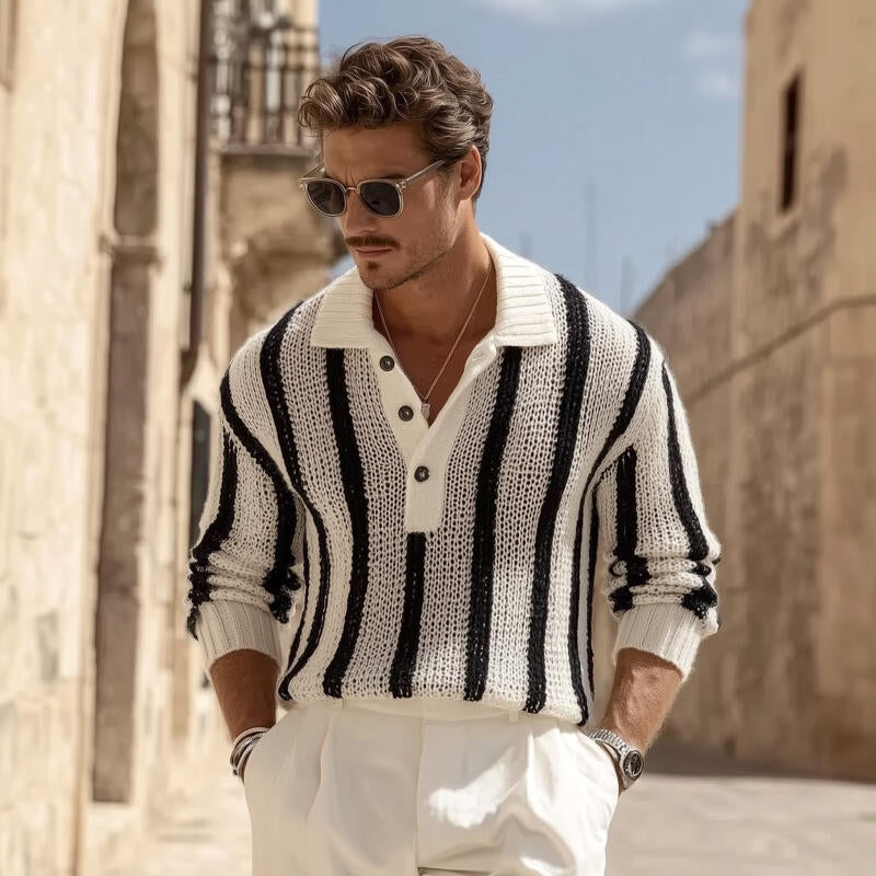 Pánský vintage svetr s kontrastními pruhy, prodyšný, s polo, volný, MTA2831H1M