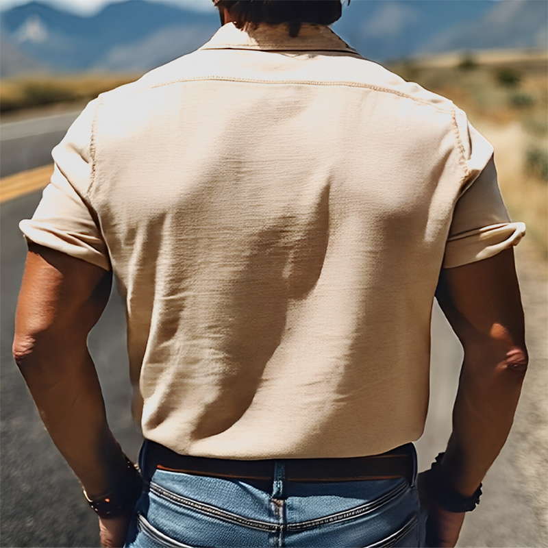 Pánská Letní Košile v Klasickém Retro Stylu s Vyšíváním z Bavlny a Lnu s Krátkým Rukávem MTA2807D7K