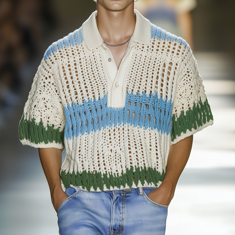 Pánská casual polo tričko s kontrastním pruhem, volné, krátký rukáv, MTA1038F9M