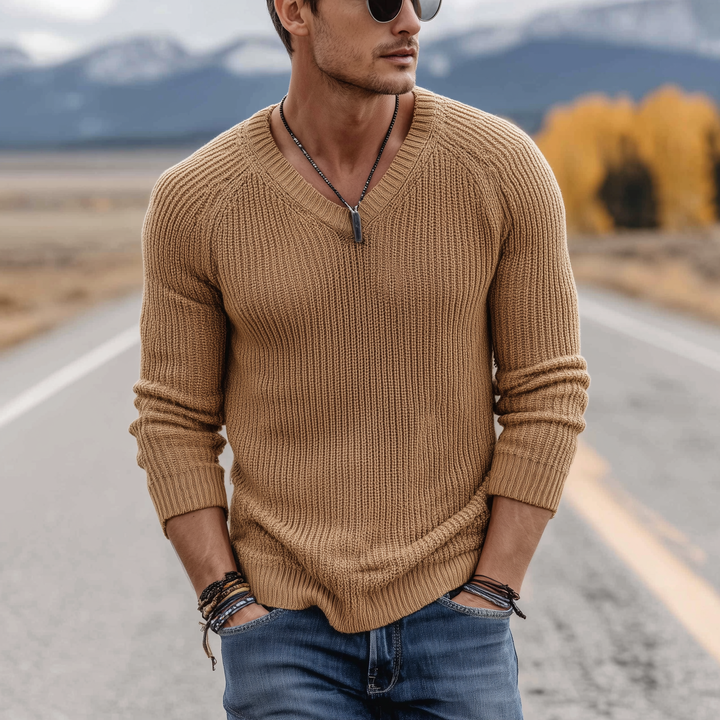 Pánský klasický casual svetr V-neck slim fit tenký s dlouhým rukávem MTA0247H1K