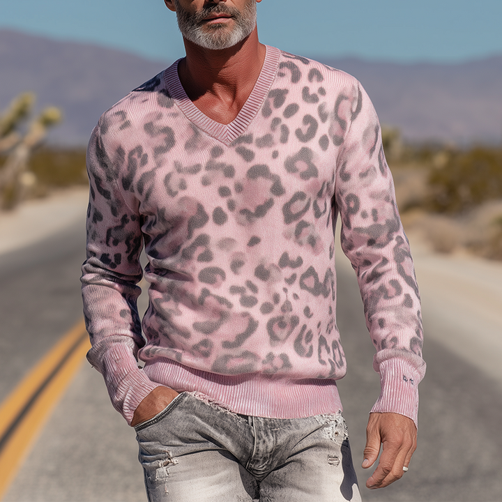 Pánský Pletený Svetr s Leopardím Vzorem a Výstřihem do V MTA1431H1P