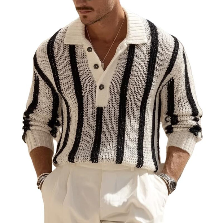 Pánský vintage svetr s kontrastními pruhy, prodyšný, s polo, volný, MTA2831H1M