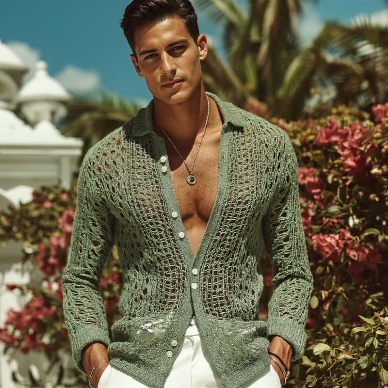 Pánská Retro Casual Hollow Knit Košile s Dlouhým Rukávem MTA2892G7TO