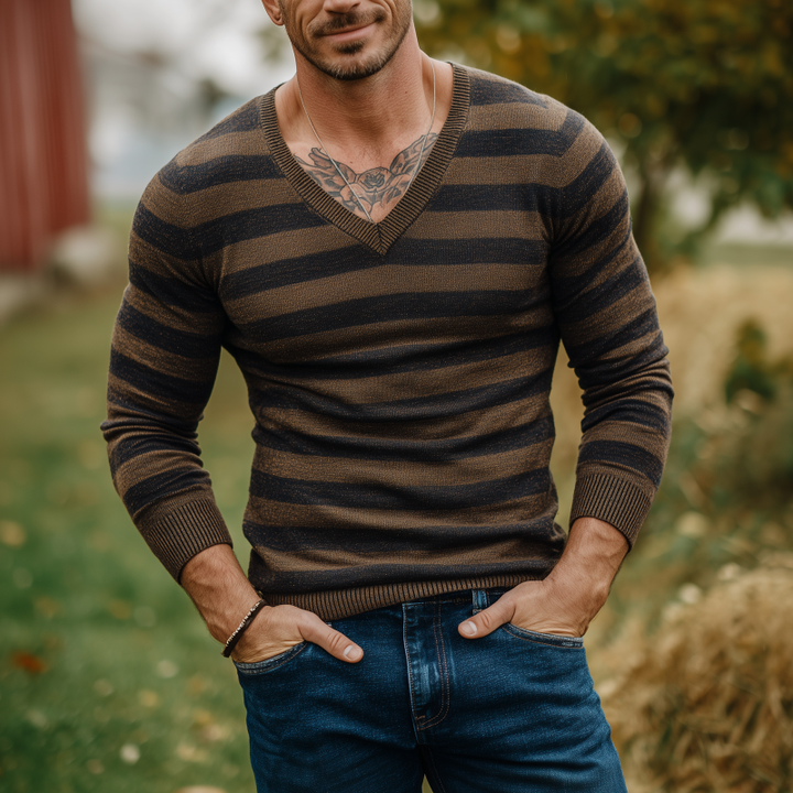 Pánský vintage svetr s výstřihem do V a kontrastními pruhy MTA1813H3M