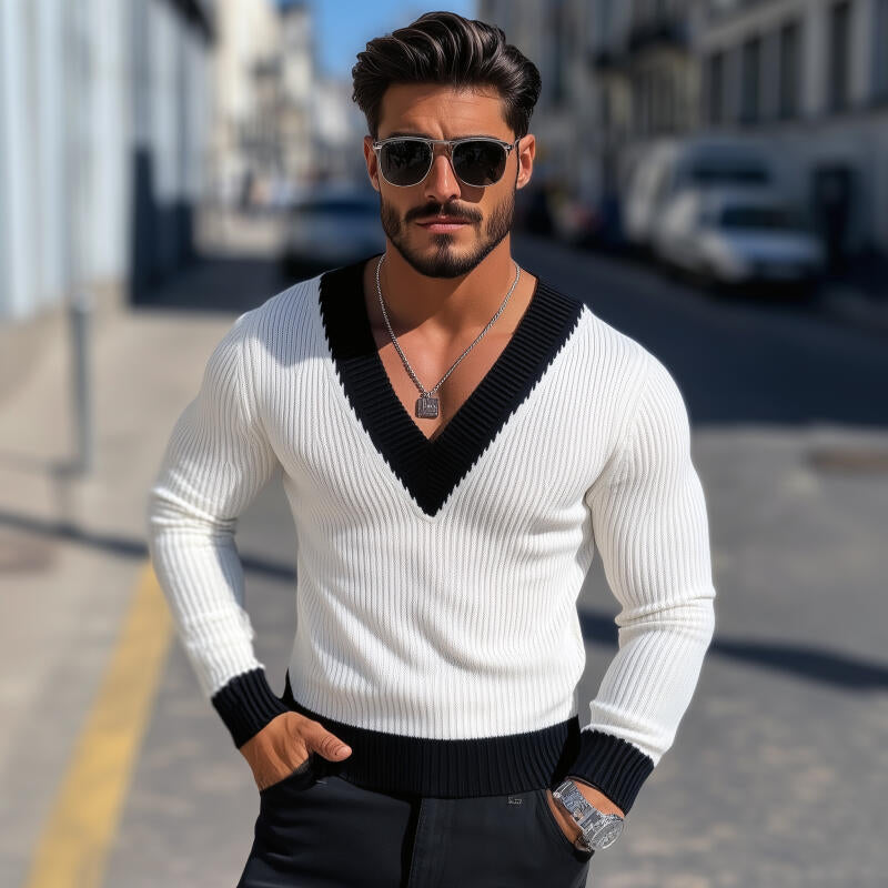 Pánský Vintage Svetr Pullover s Kontrastními Barvami a Výstřihem do V MTA2802H5M