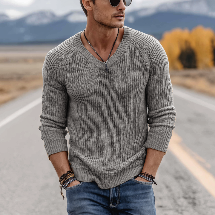 Pánský klasický casual svetr V-neck slim fit tenký s dlouhým rukávem MTA0247H1K
