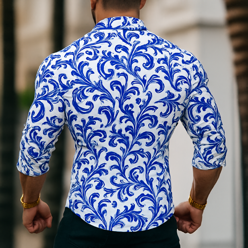 Pánská Retro Casual Košile v Modro-Bílých Porcelánových Vzorech s Límcem a Dlouhým Rukávem MTA3023G4TO